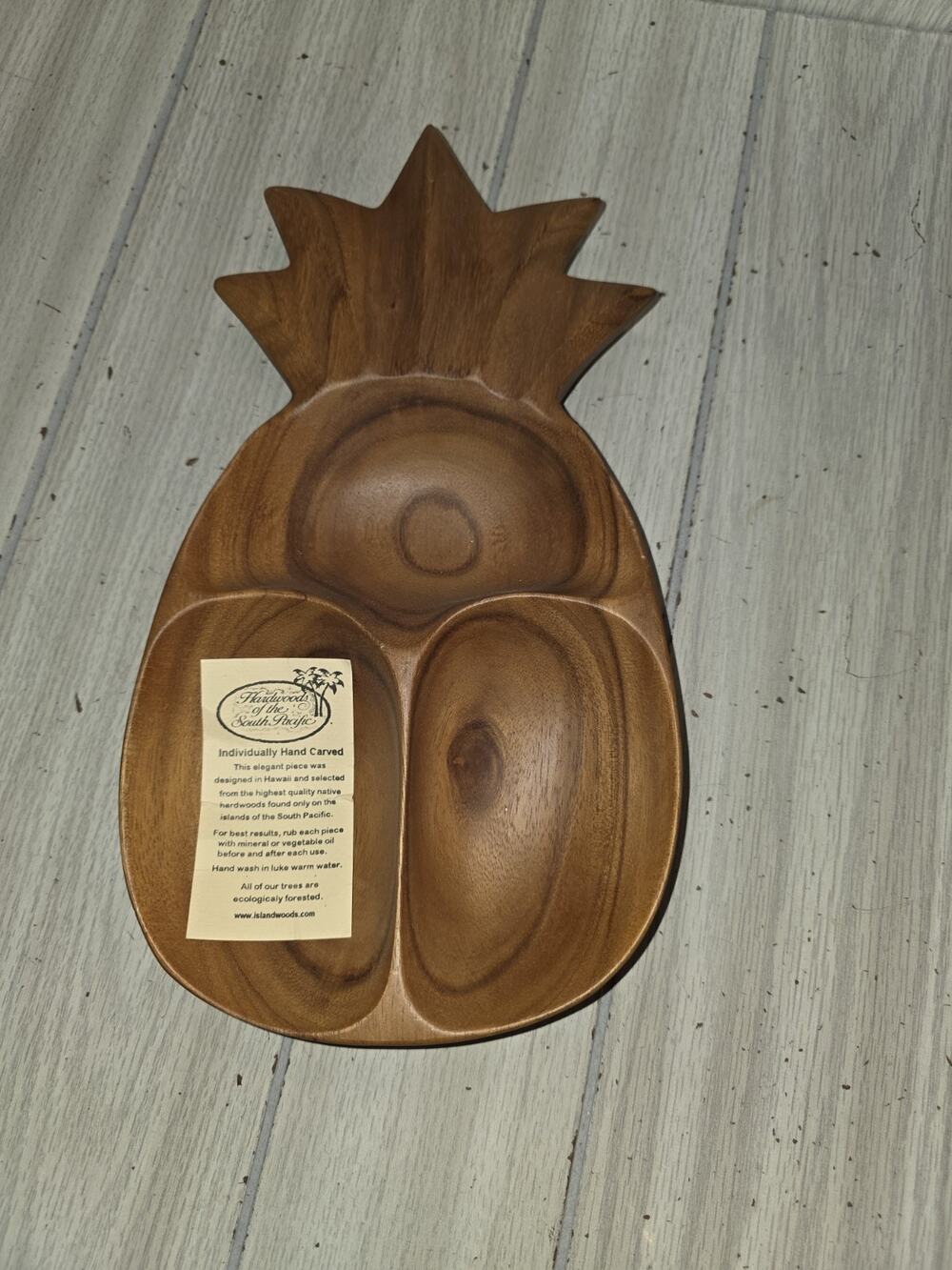 Vtg Monkey Pod Compartment Serving Dish Hand Carved Wooden Hawaiian Pineapple